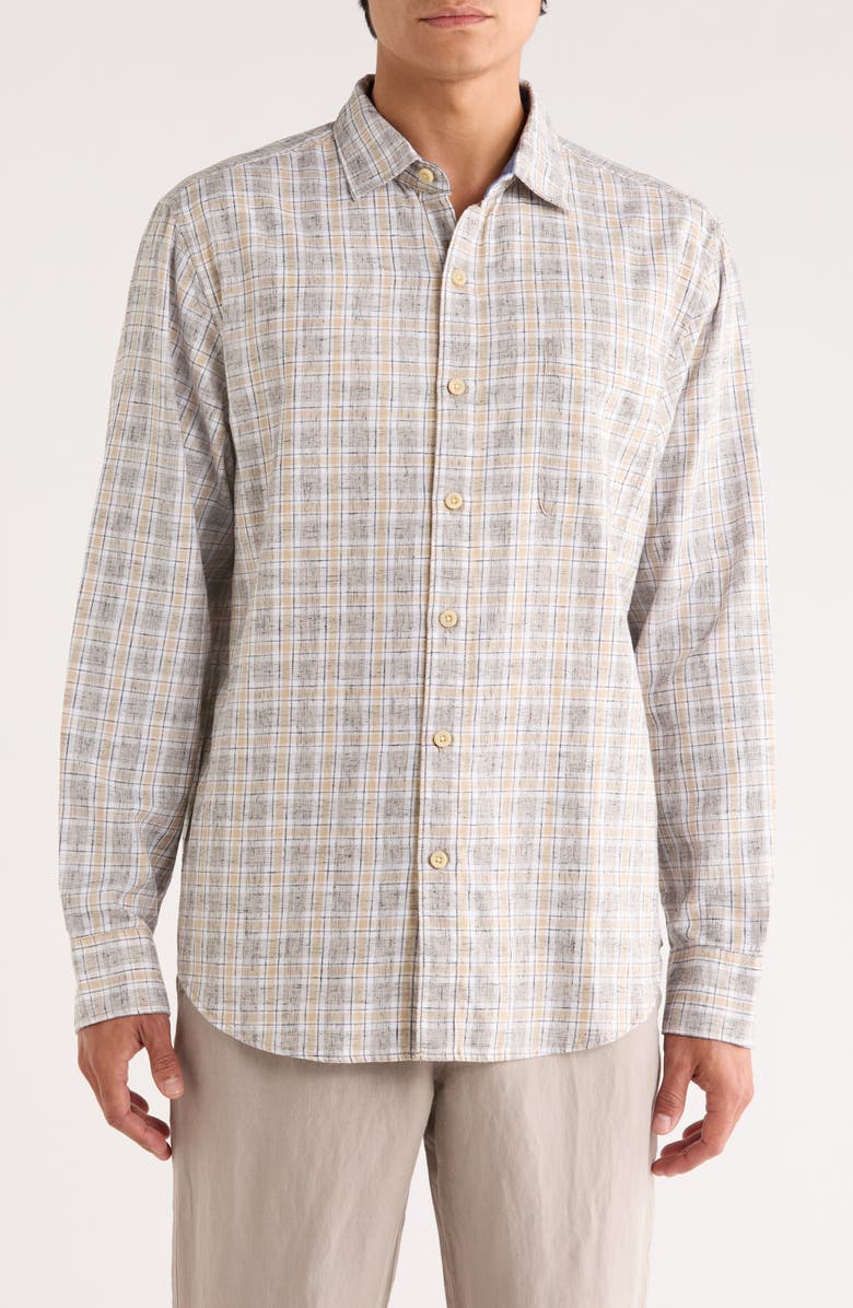 Tommy Bahama Mountain Mist Plaid Button-Up Shirt, Main, color, Stone Khaki