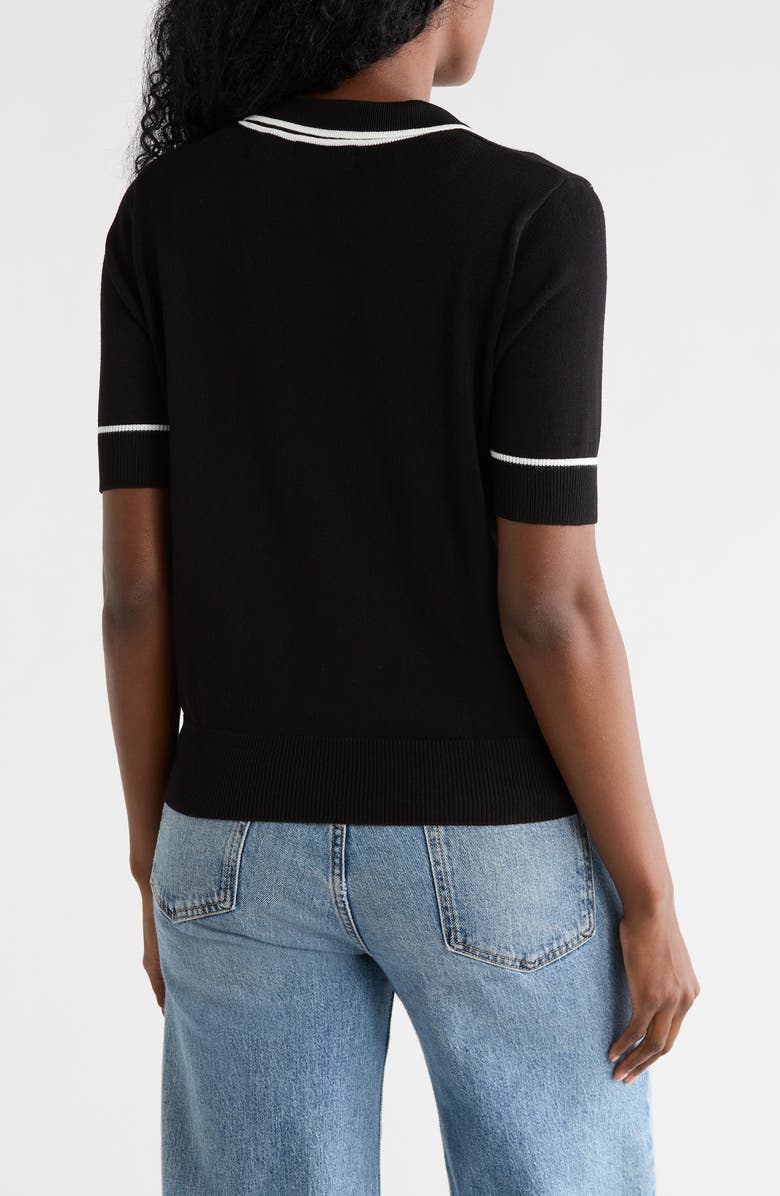 T Tahari Tipped Johnny Collar Polo Sweater, Alternate, color, Black/ White