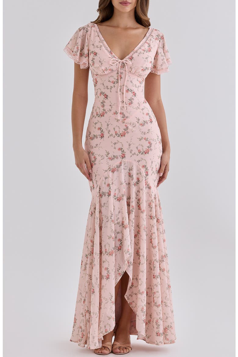 Amina Flutter Sleeve Georgette Maxi Dress, Main, color, PINK VINTAGE ROSE FLORAL PRINT