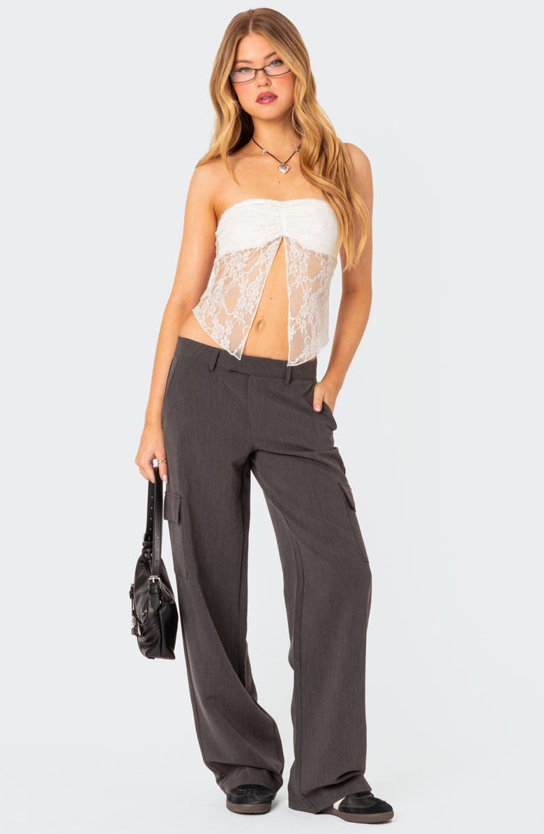 EDIKTED Twilight Split Front Lace Strapless Top, Alternate, color, White