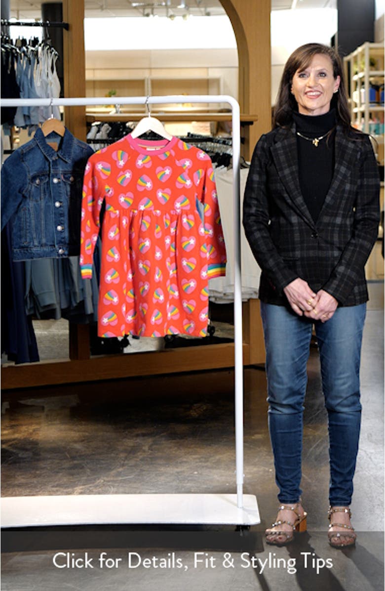 Kids' Heart Print Long Sleeve Sweatshirt Dress, sales video thumbnail