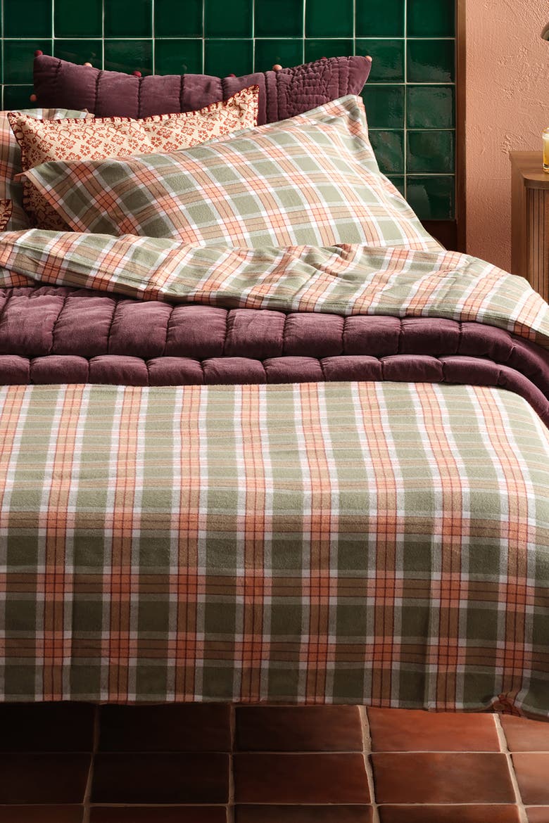 Viseu Portuguese Flannel Checked Cotton King Duvet Set, Alternate, color, Green