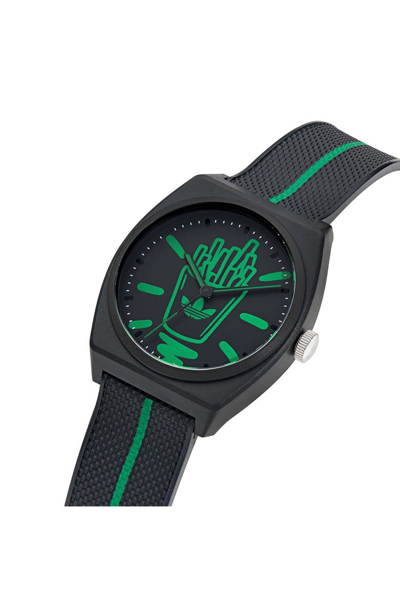 adidas AO Street Project 2 Logo Fries Graphic Resin Strap Watch, 38mm, Alternate, color, Black