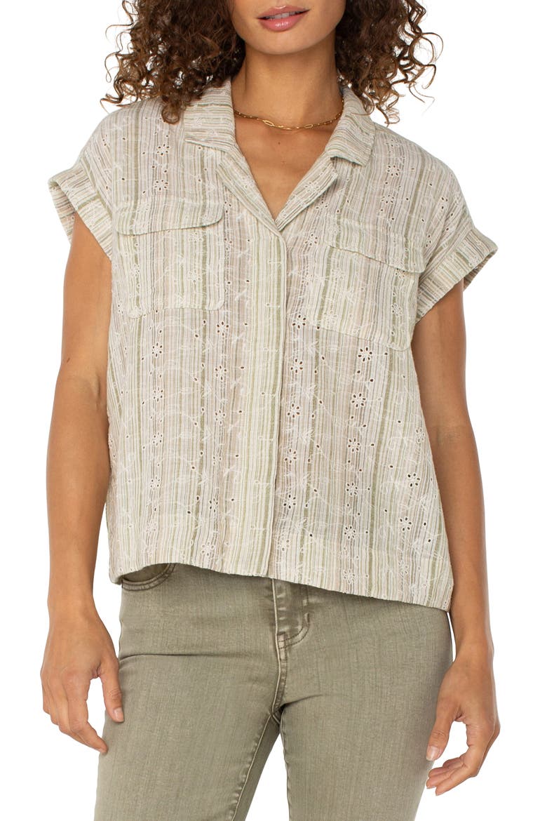 Stripe Eyelet Cotton & Linen Camp Shirt, Main, color, GREEN/TAN STRIPE