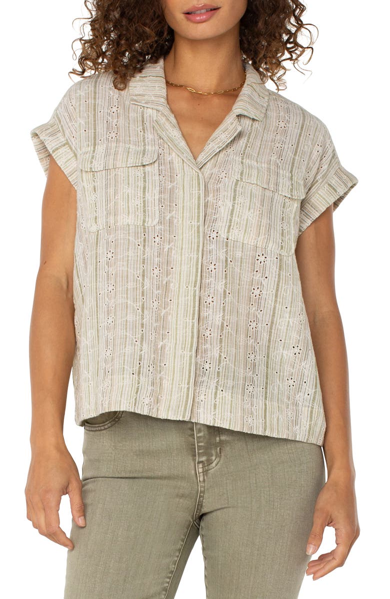 Liverpool Los Angeles Stripe Eyelet Cotton & Linen Camp Shirt, Main, color, 