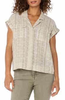 Liverpool Los Angeles Stripe Eyelet Cotton & Linen Camp Shirt