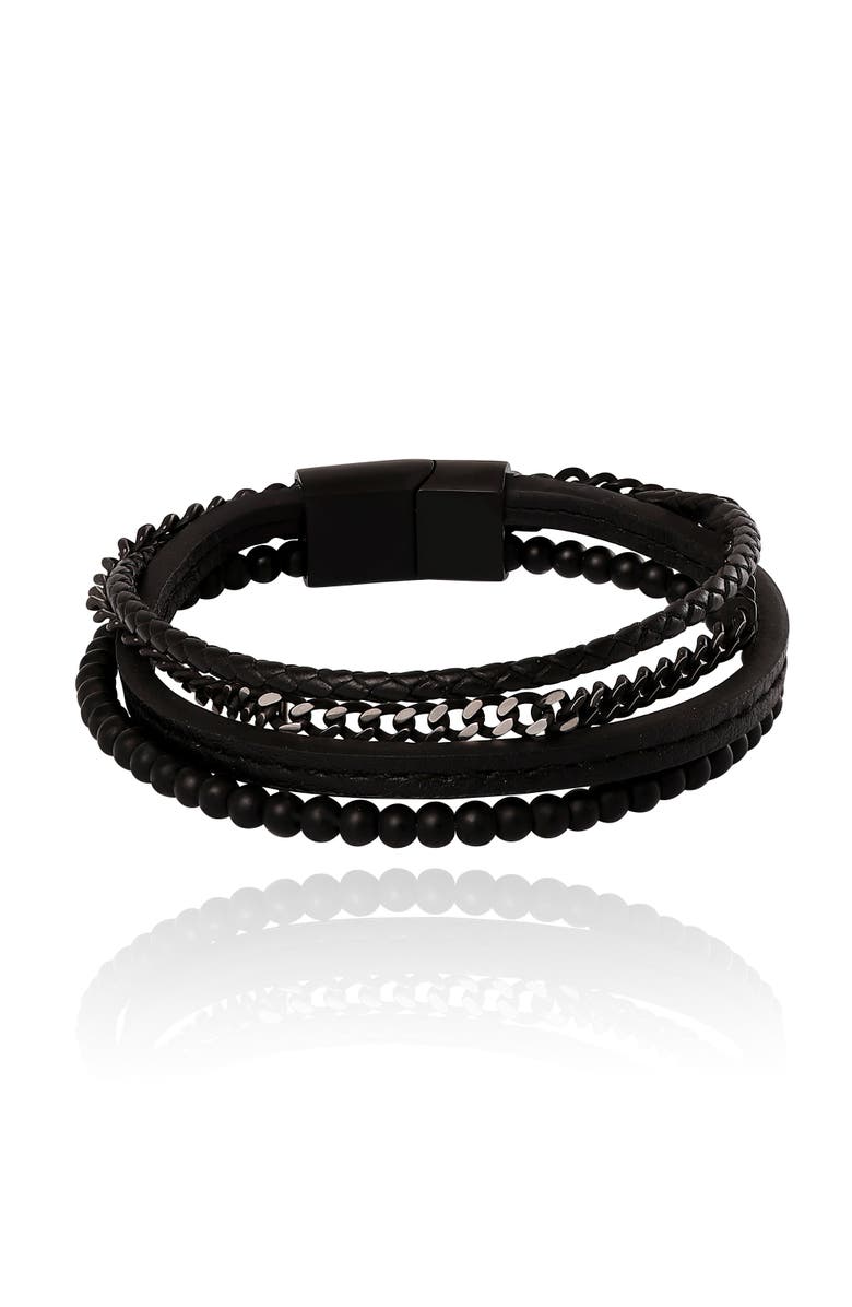 Lucky Brand All Black Beaded & Leather Layered Bracelet with Magnetic Clasp, Main, color, Black