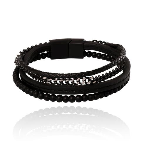 All Black Beaded & Leather Layered Bracelet with Magnetic Clasp