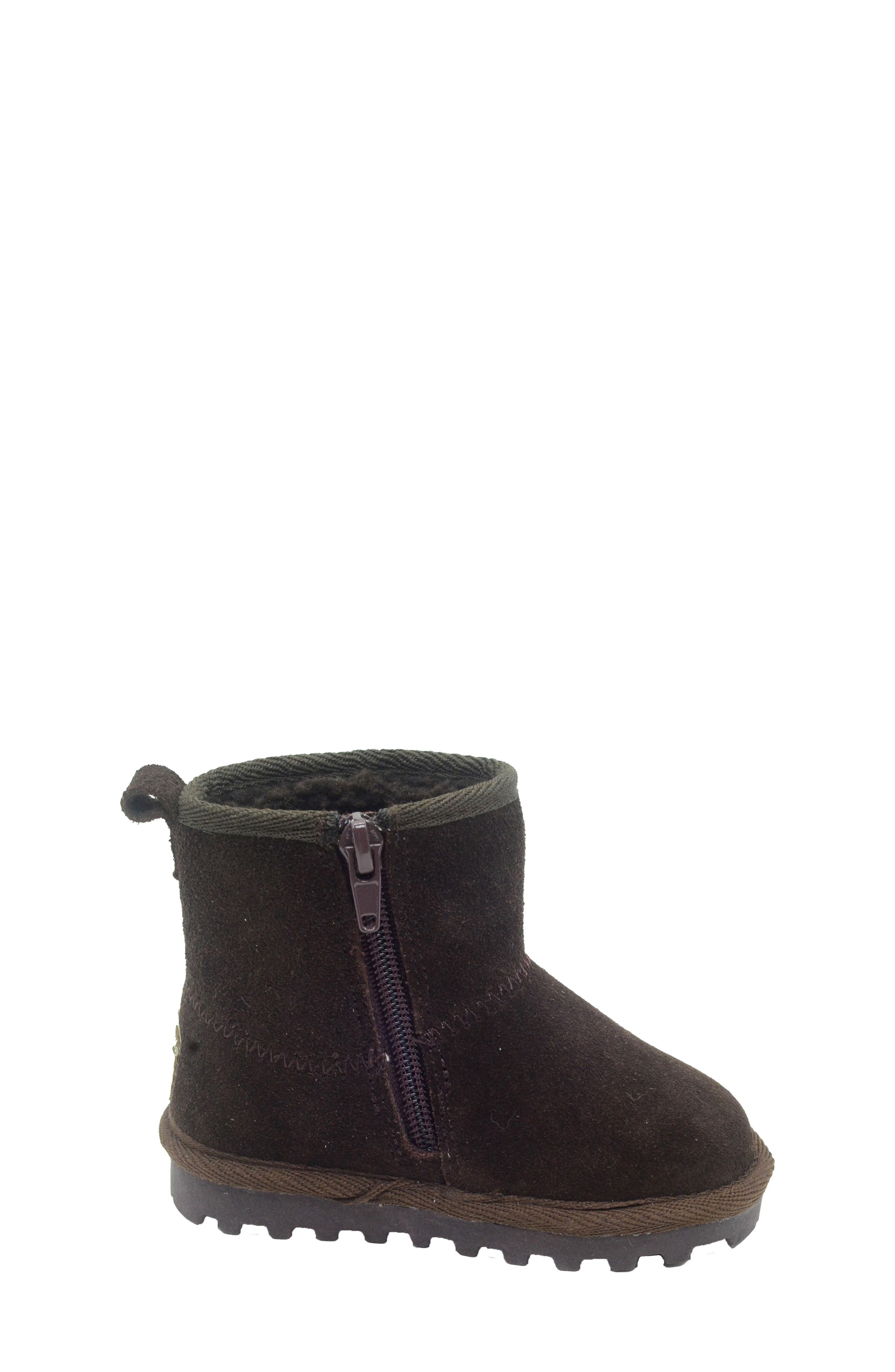 BEARPAW Kids' Bootie with Faux Fur Lining, Alternate, color, Chocolate Suede