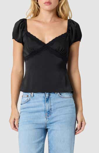 All in Favor Lace Trim Puff Sleeve Satin Top