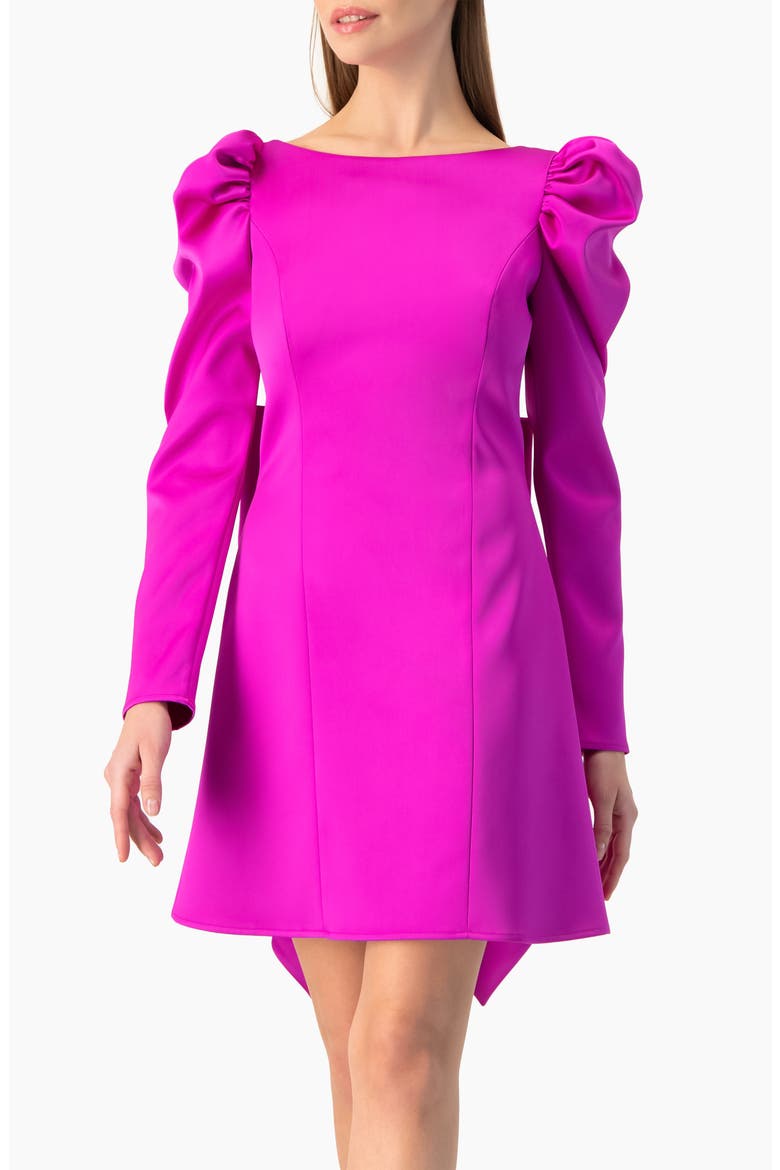 Puff-Sleeve Open-Back Bow Mini Dress in Satin, Alternate, color, Magenta