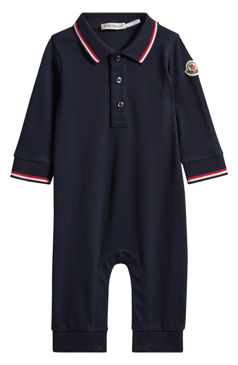 Moncler Stretch Cotton Piqué Polo Romper, Main, color, Navy