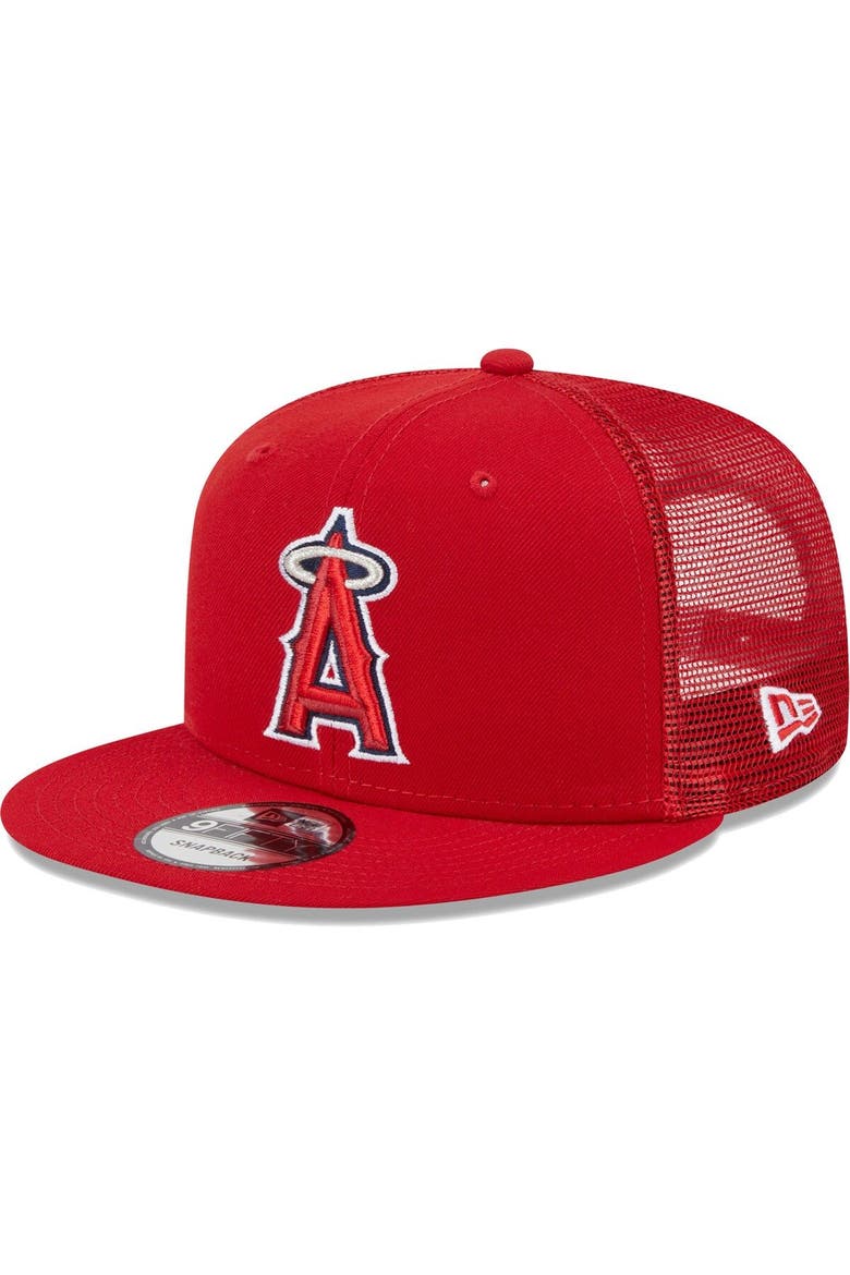 Men's New Era Red Los Angeles Angels Team Color Trucker 9FIFTY Snapback Hat, Main, color, Red