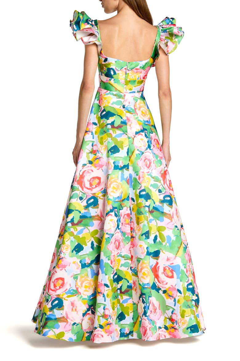 Printed Mikado Ruffle Sleeve V Neck Ballgown, Alternate, color, Blue Multi
