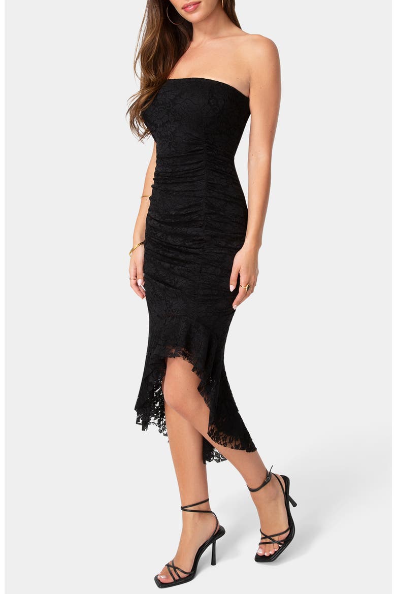 Lace Ruffle Strapless Midi Dress, Alternate, color, SAGE