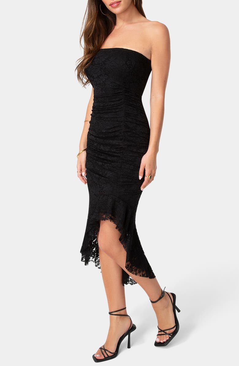bebe Lace Ruffle Strapless Midi Dress, Alternate, color, Black