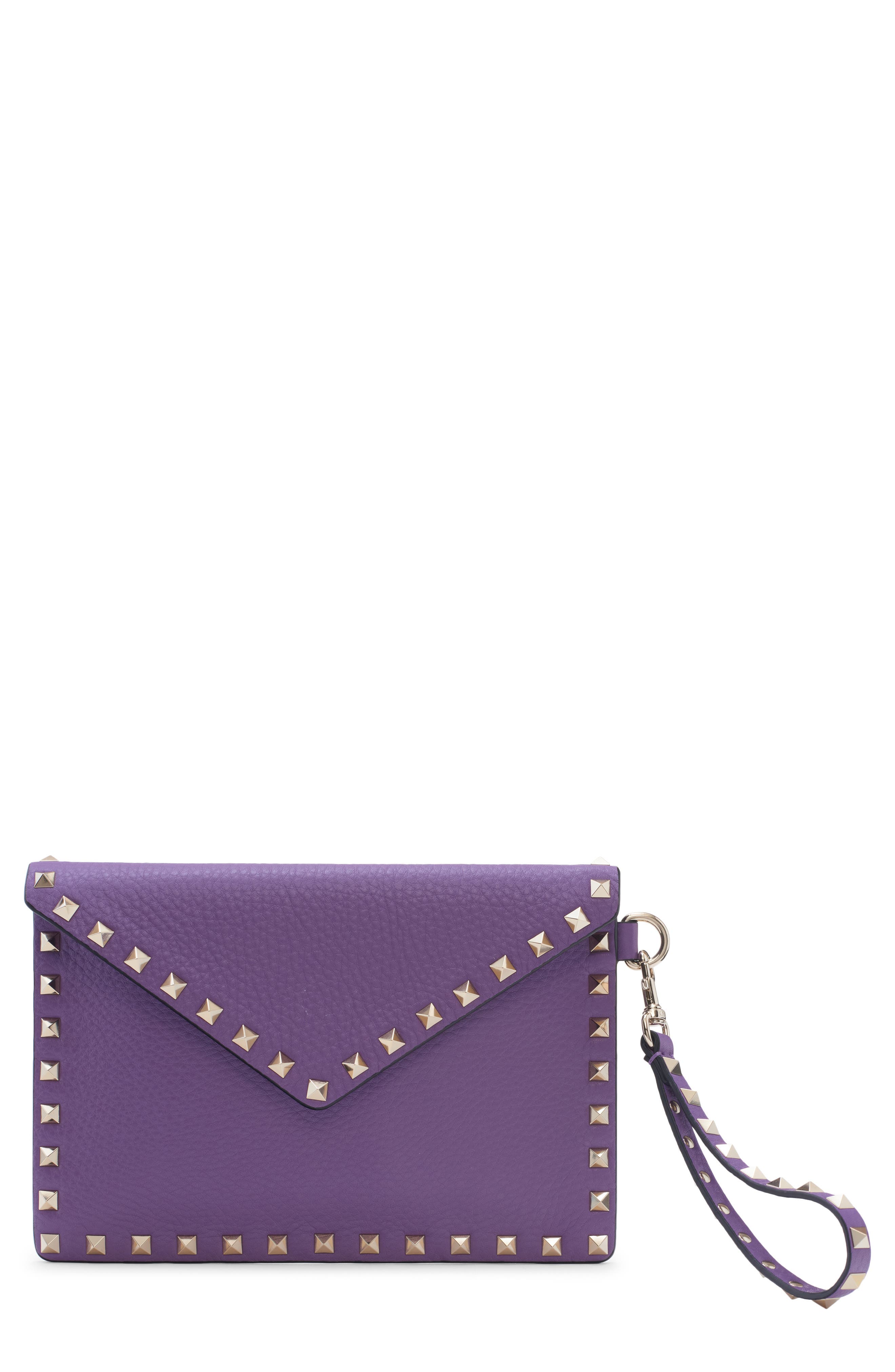 Medium Rockstud Leather Clutch, Main, color, VIOLET
