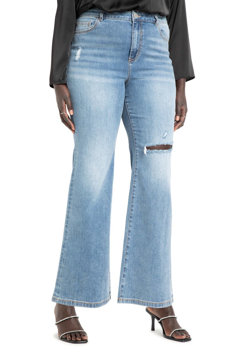 ELOQUII Distressed Flare Leg Jeans, Main, color,