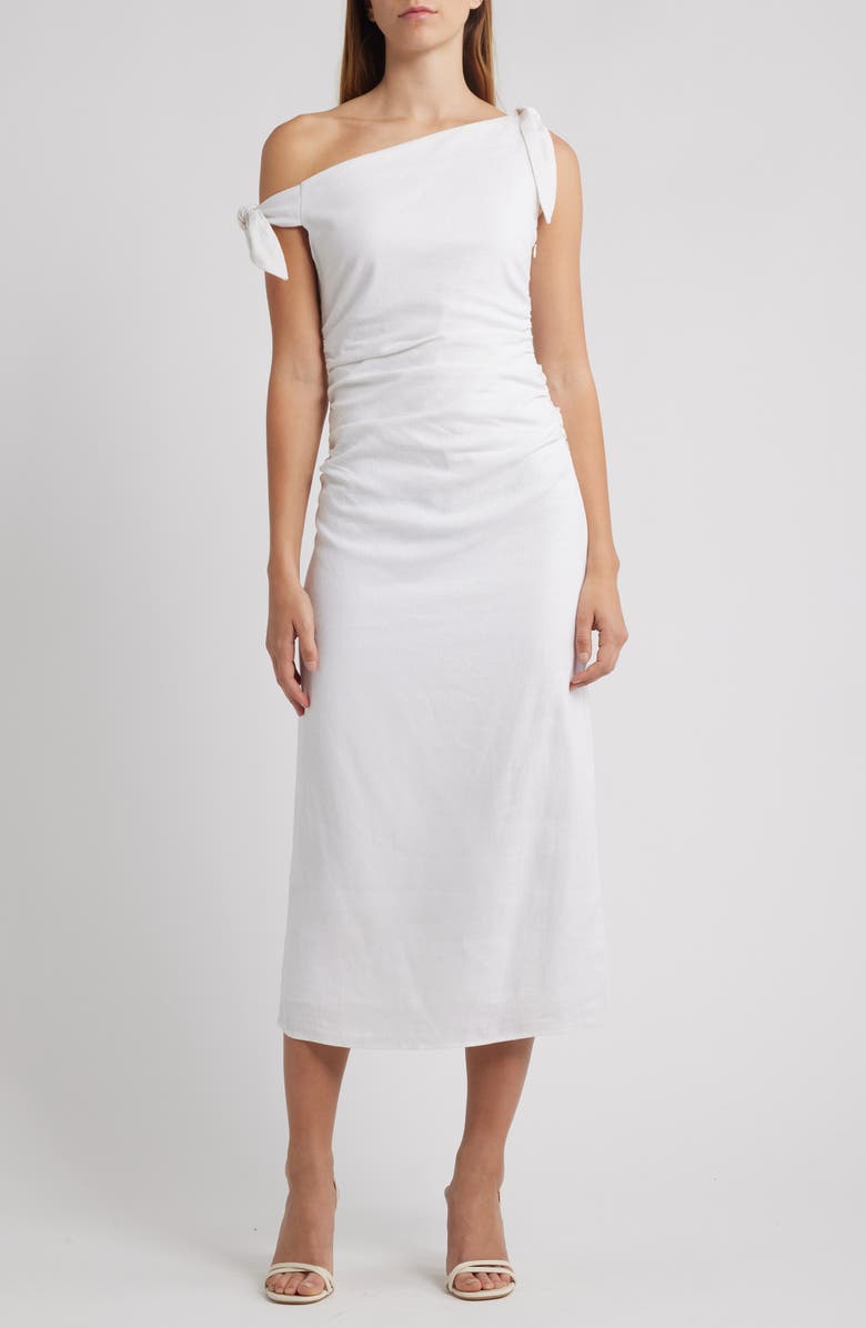 WAYF Clio Tie Shoulder Linen Blend Midi Dress, Main, color, Ivory
