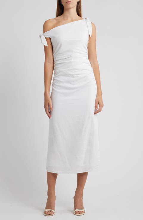 Clio Tie Shoulder Linen Blend Midi Dress