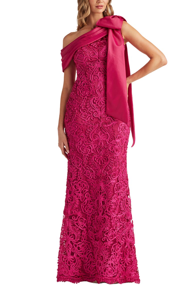 Bow Detail Soutache Lace One-Shoulder Gown, Alternate, color, HIBISCUS