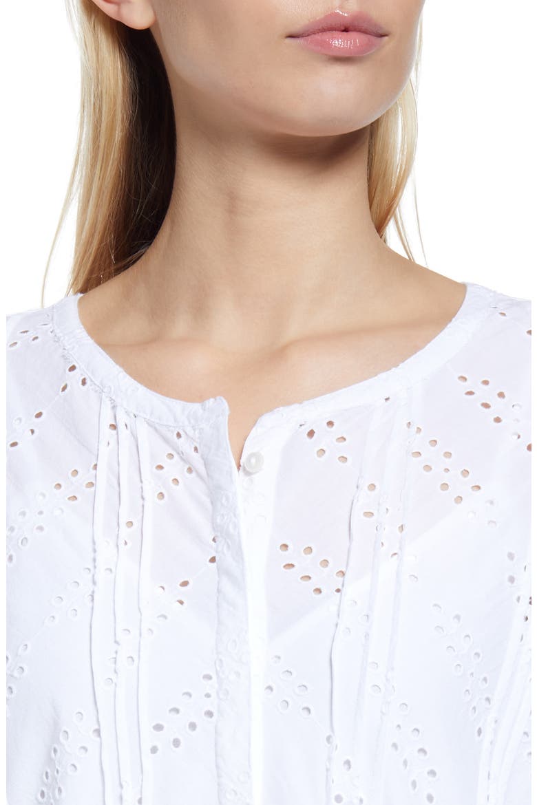 Eyelet Three-Quarter Sleeve Cotton Midi Dress, Alternate, color, WHITE
