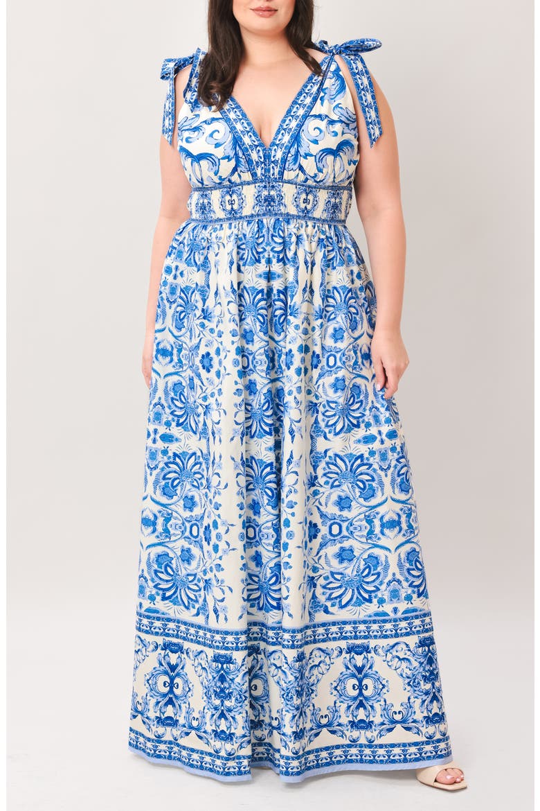 Tie Strap Smocked Waist Cotton Maxi Dress, Main, color, IVORY BLUE