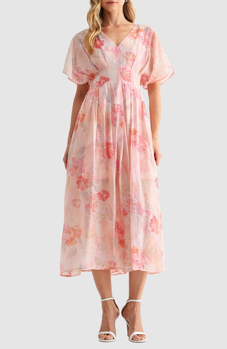 Mila Mae Floral Short Sleeve Fit & Flare Midi Dress, Main, color, Dusty Pink/ Mauve