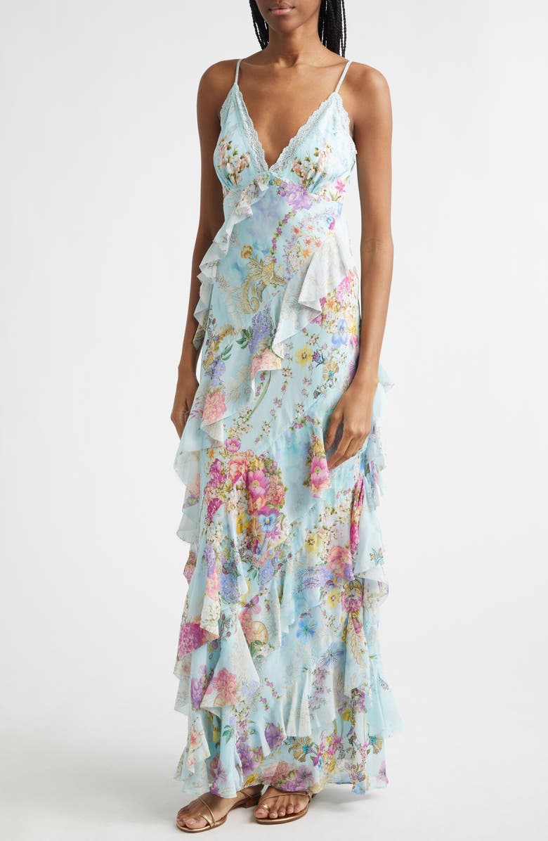 Camilla Floral Ruffle Silk Slipdress, Alternate, color, Bazaar Blooms