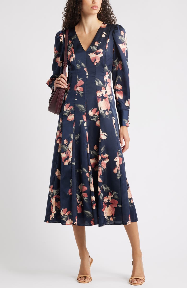 Chelsea28 Long Sleeve Satin Midi Dress, Alternate, color, Navy- Pink Morning Flower