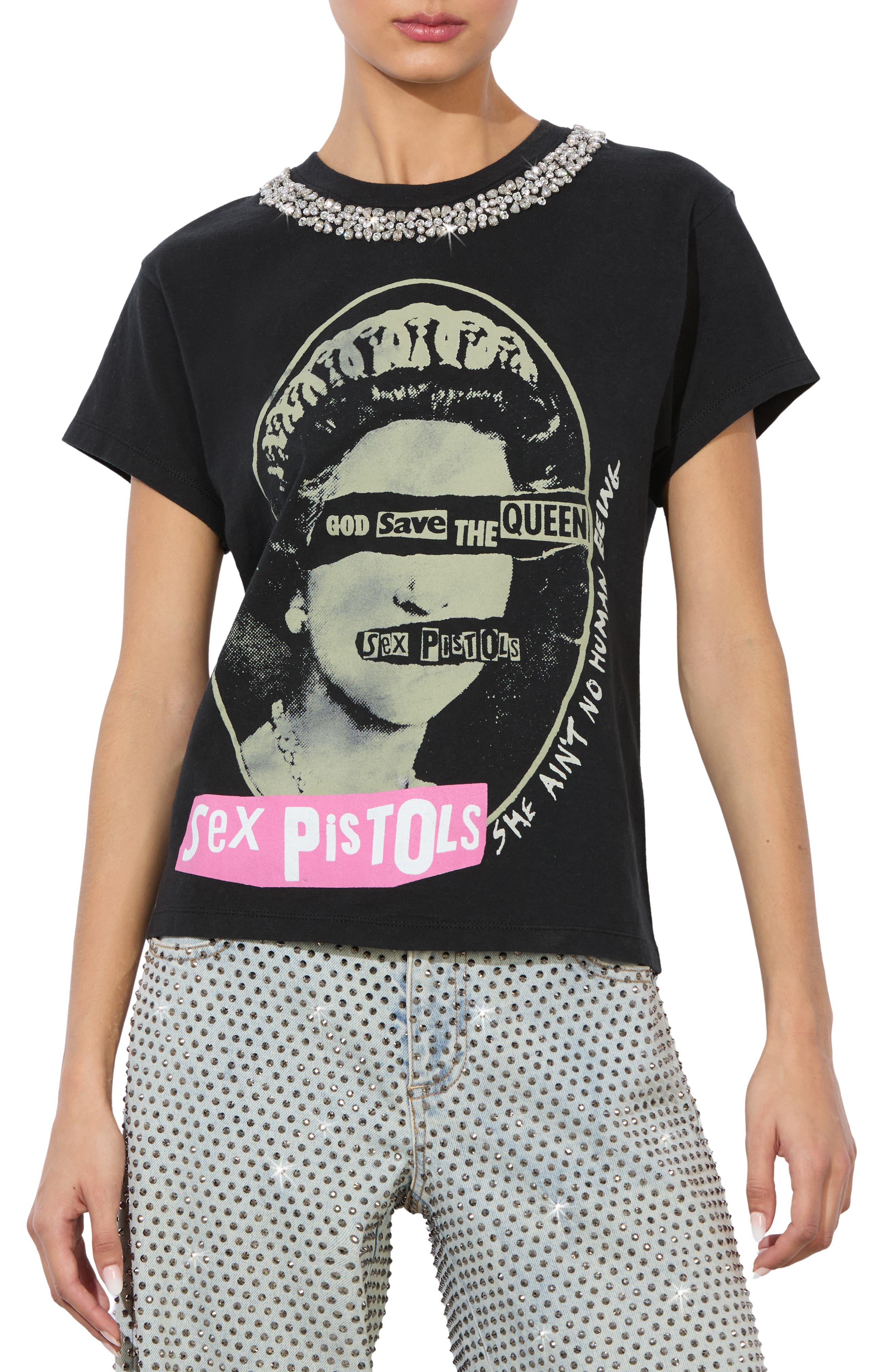 alice + olivia 女性の顔デザイン Tシャツ M ALICE + OLIVIA Atlas Crystal Embellished Graphic T-Shirt (Women