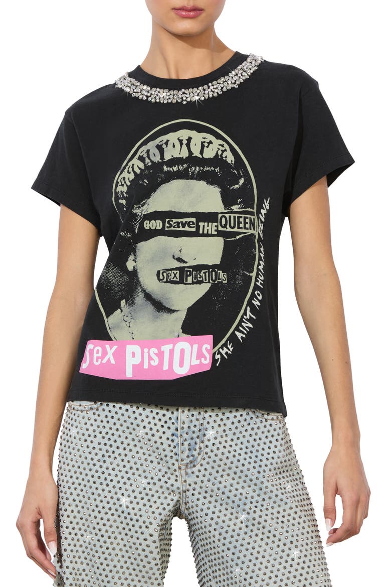 alice + olivia 女性の顔デザイン Tシャツ M ALICE + OLIVIA Atlas Crystal Embellished Graphic T-Shirt (Women