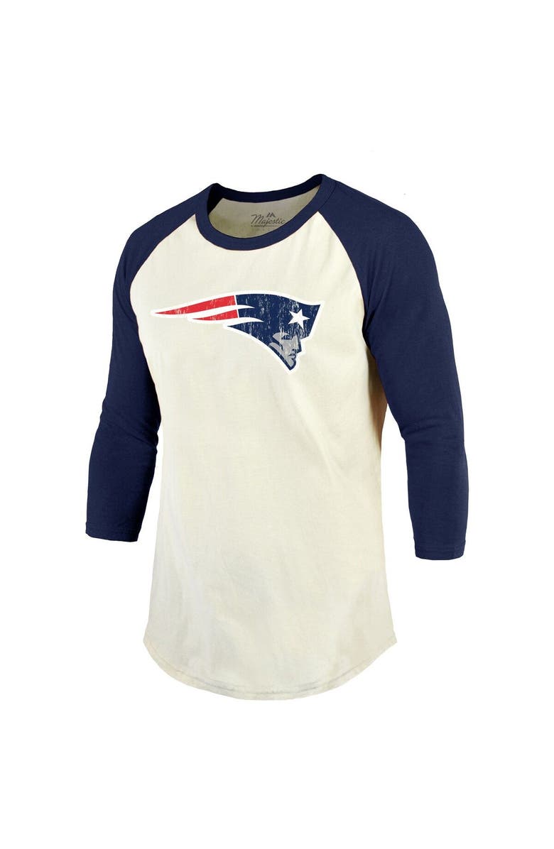 Majestic Threads Men's Majestic Threads Mac Jones Cream/Navy New England Patriots Player Name & Number Raglan 3/4-Sleeve T-Shirt, Alternate, color, 