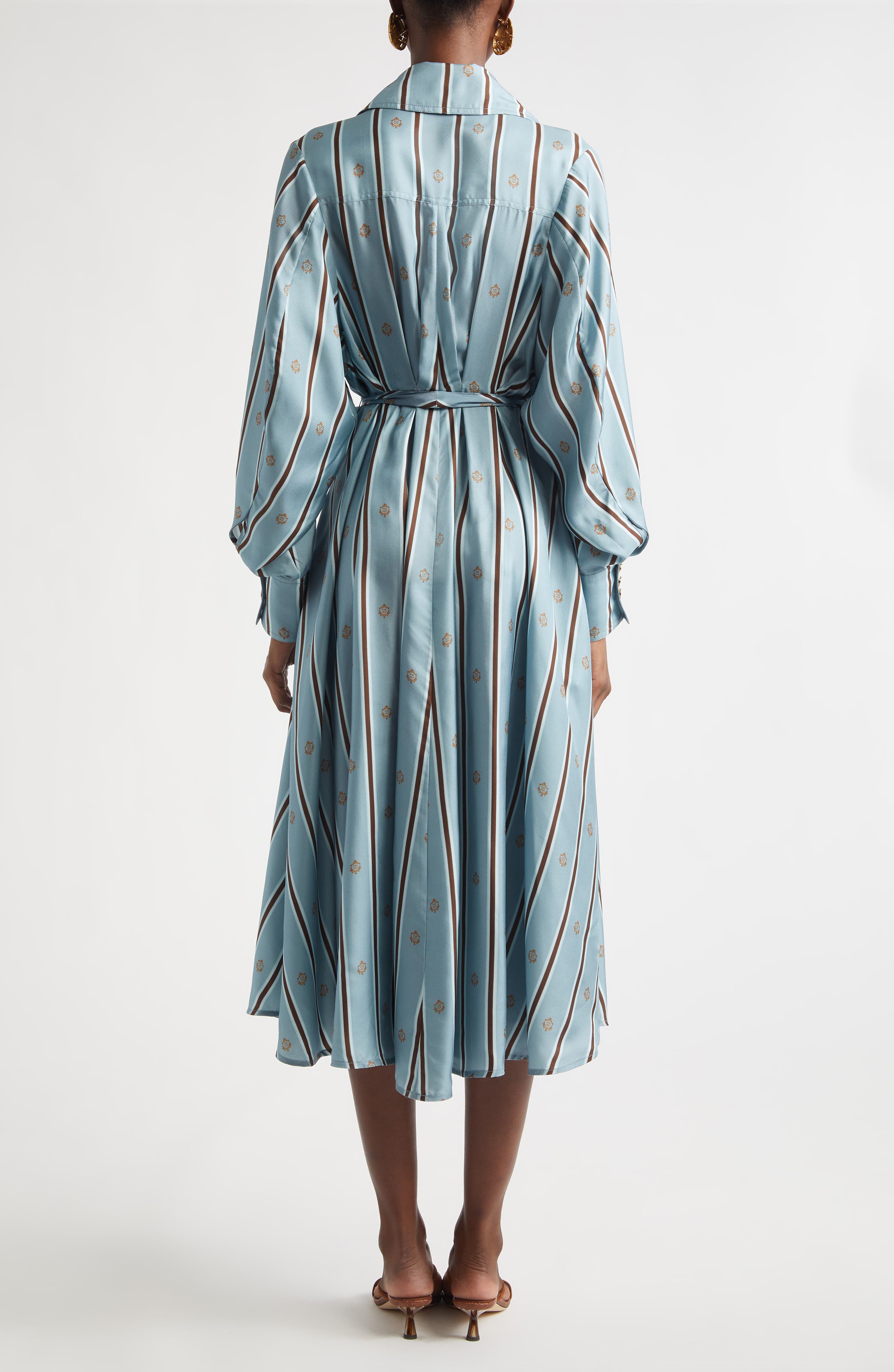 Emblem Tuck Long Sleeve Belted Midi Silk Shirtdress (Women