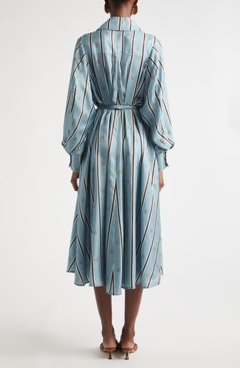 Zimmermann Emblem Tuck Long Sleeve Belted Midi Silk Shirtdress