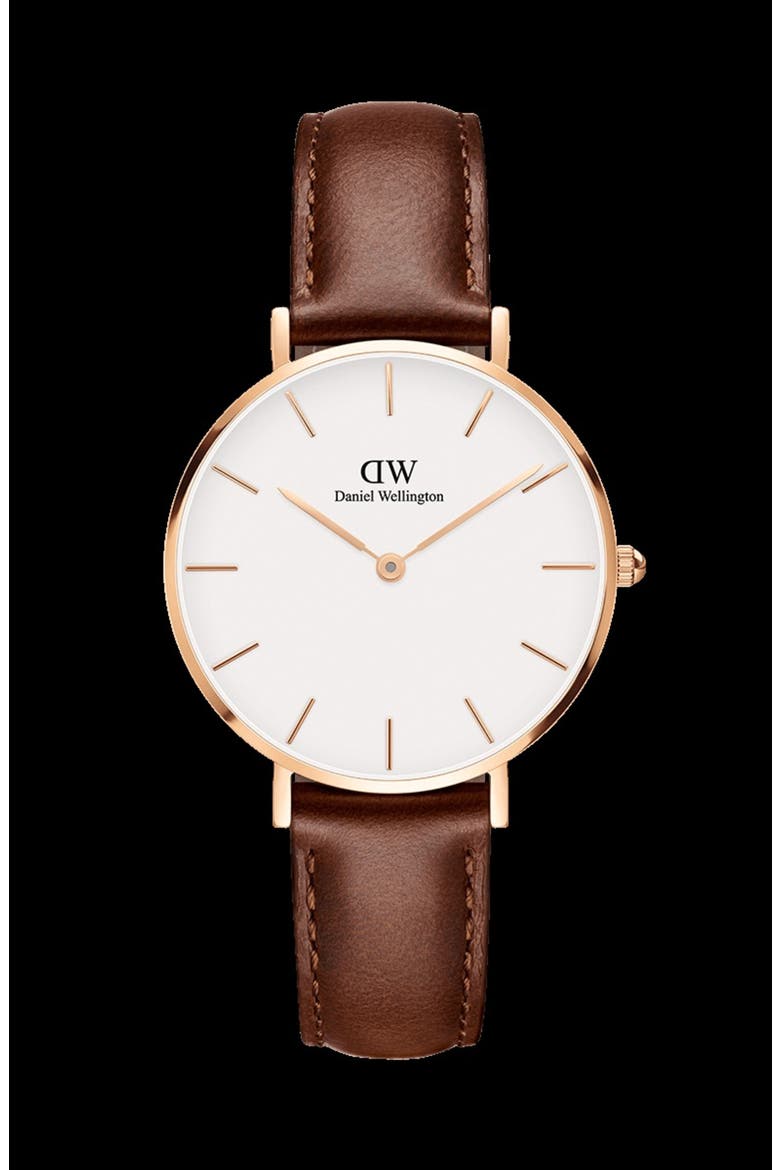 Classic Petite Leather Strap Watch, 32mm, Alternate, color, BROWN/ WHITE/ ROSE GOLD
