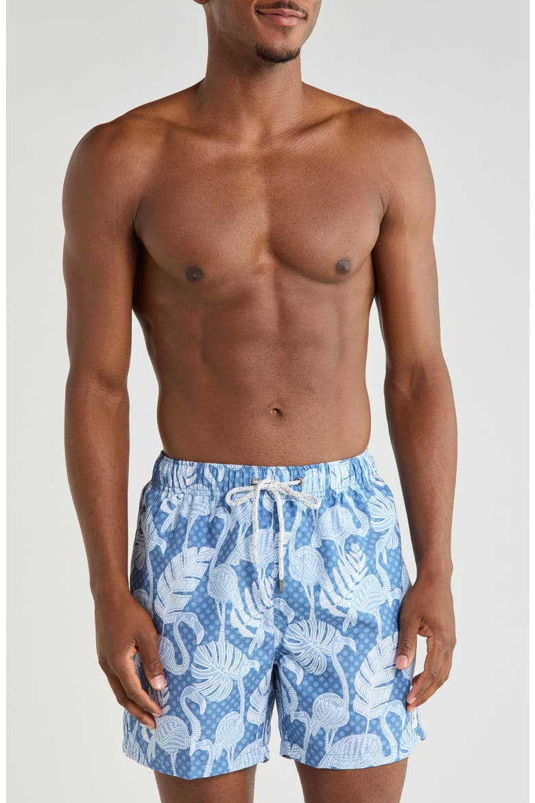 Flamingo Print Volley Swim Trunks, Main, color, DENIM