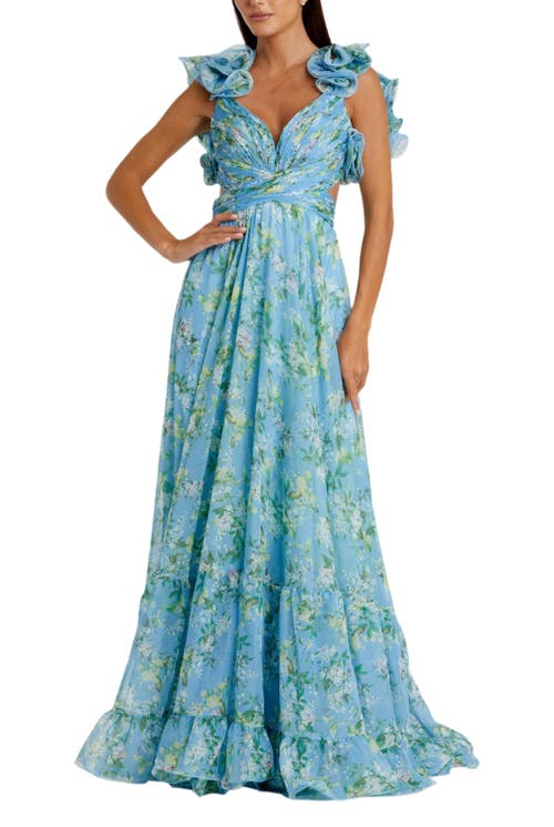 Mac Duggal Ruffle Tiered Floral Cut-out Chiffon Gown In Blue Multi