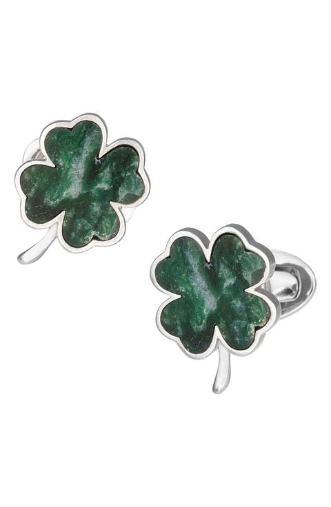 Four Leaf Clover Green Onyx Sterling Cufflinks