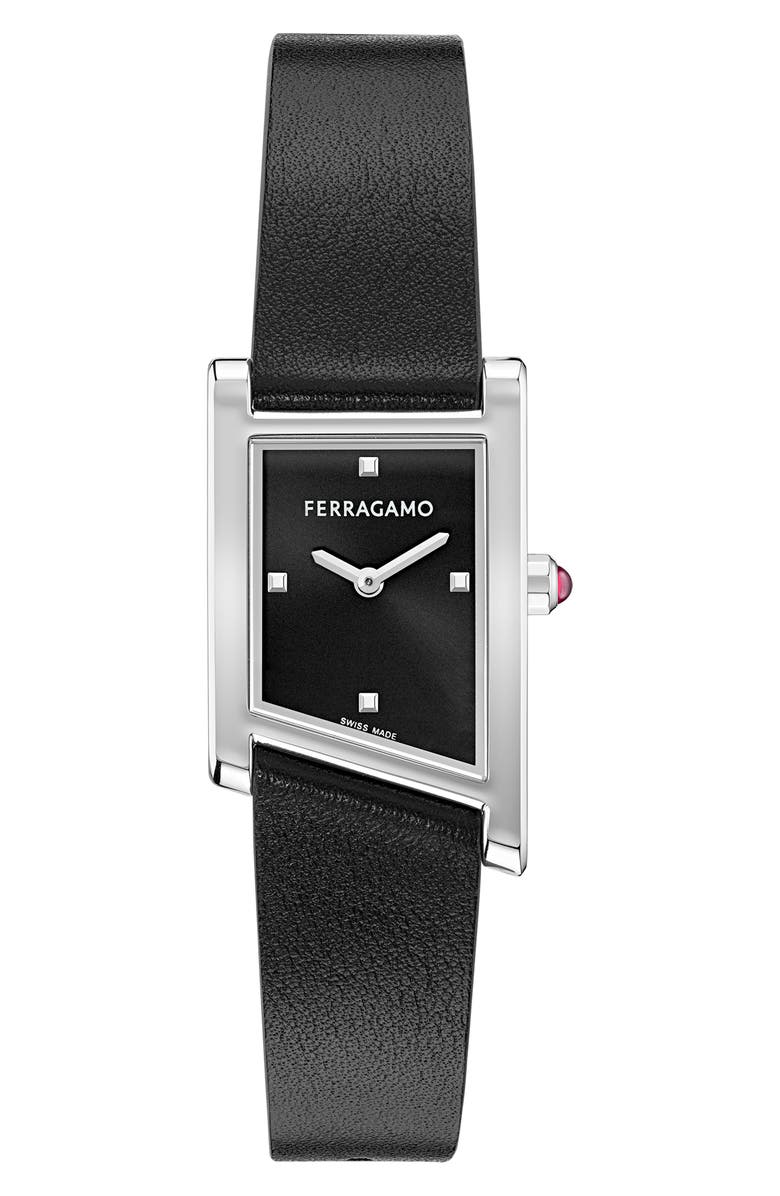 FERRAGAMO Asymetrique Leather Strap Watch, 22mm x 36mm, Main, color, Stainless Steel