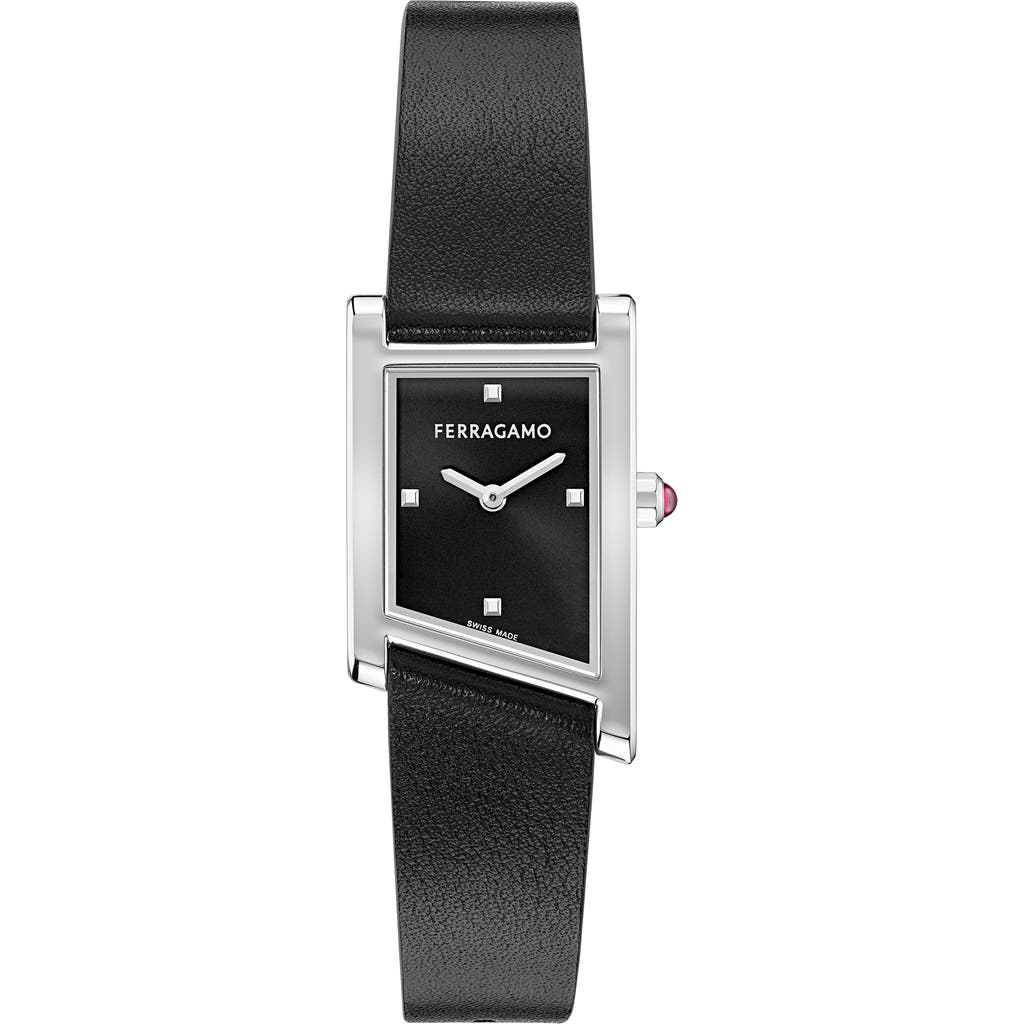 Ferragamo Women's Swiss Asymetrique Black Leather Strap Watch 22x36mm In Stainless Steel