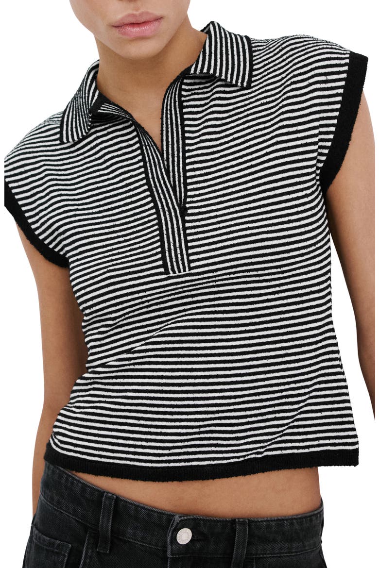 Stripe Cap Sleeve Crop Sweater Polo, Main, color, BLACK