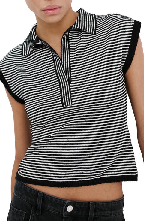 Stripe Cap Sleeve Crop Sweater Polo