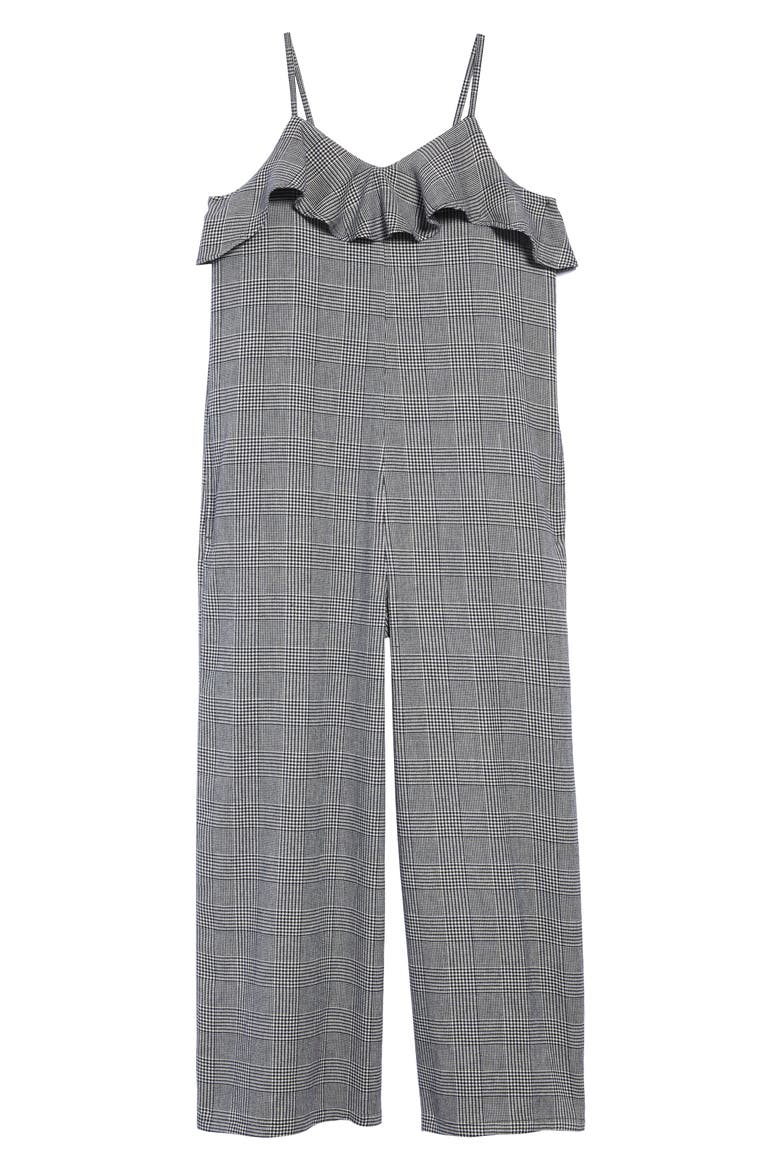 Glen Plaid Ruffle Jumpsuit, Main, color, NAVY DARK- IVORY CHECK