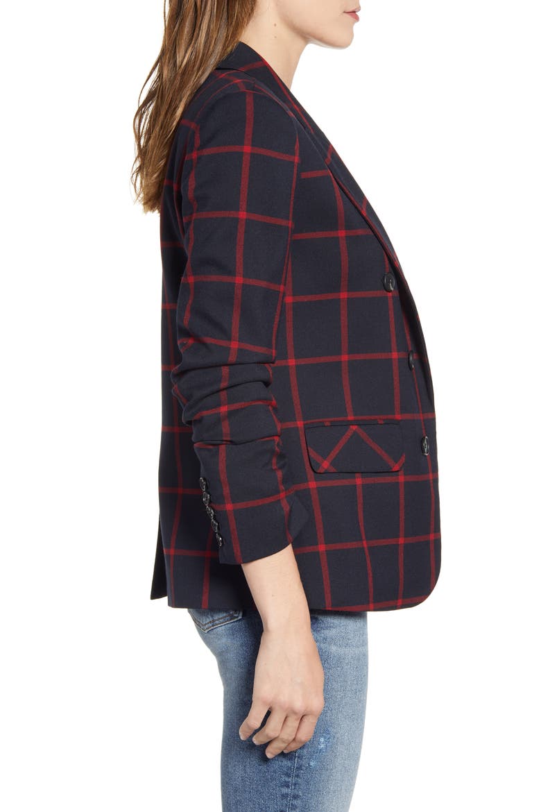 Windowpane Check Ruched Sleeve Blazer, Alternate, color, RICH BLACK