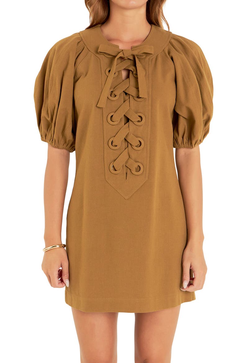 Lace-Up Front Puff Sleeve Minidress, Alternate, color, OLIVE