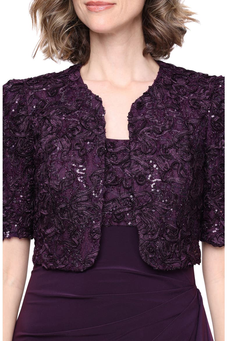 Sequin Soutache Bodice Empire Waist Chiffon Gown with Bolero Jacket, Alternate, color, DEEP PLUM