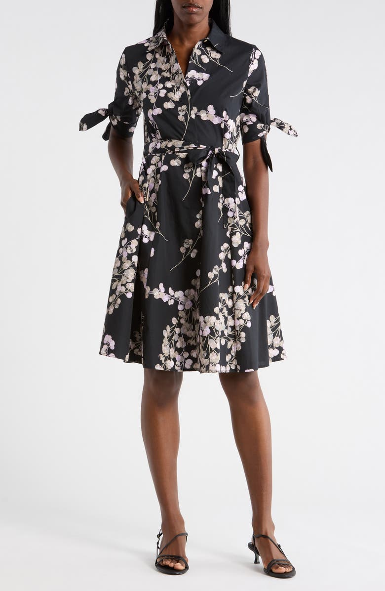 Calvin Klein Floral Short Sleeve Tie Cotton Shirtdress, Main, color, Black/ Cherry Blossom Multi