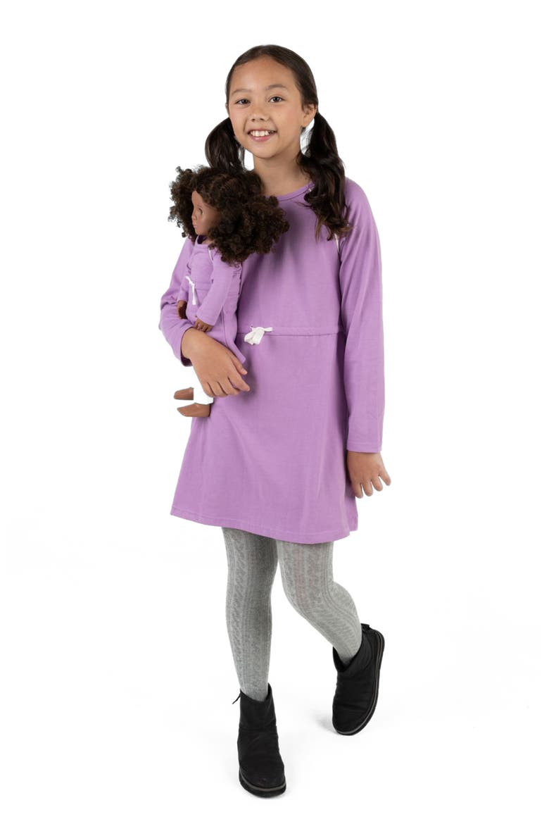Girls Bow Tie Dress with Matching Doll Dress, Alternate, color, PURPLE
