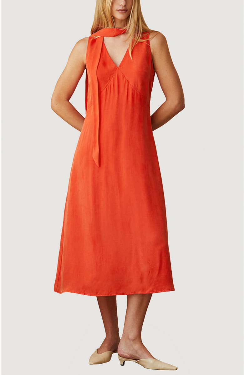 CRESCENT Cupro Midi Dress with Scarf, Main, color, Poppy